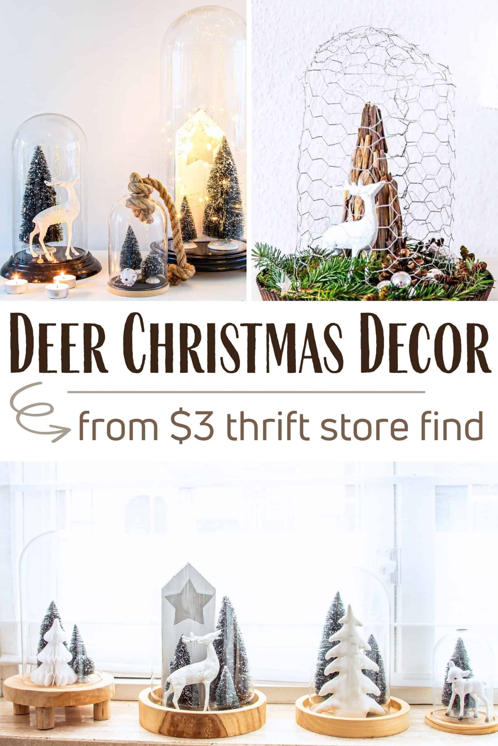 Grid with four images of Christmas decor featuring a white painted brass deer. Text overlay: deer Christmas decor from $3 thrift store find.