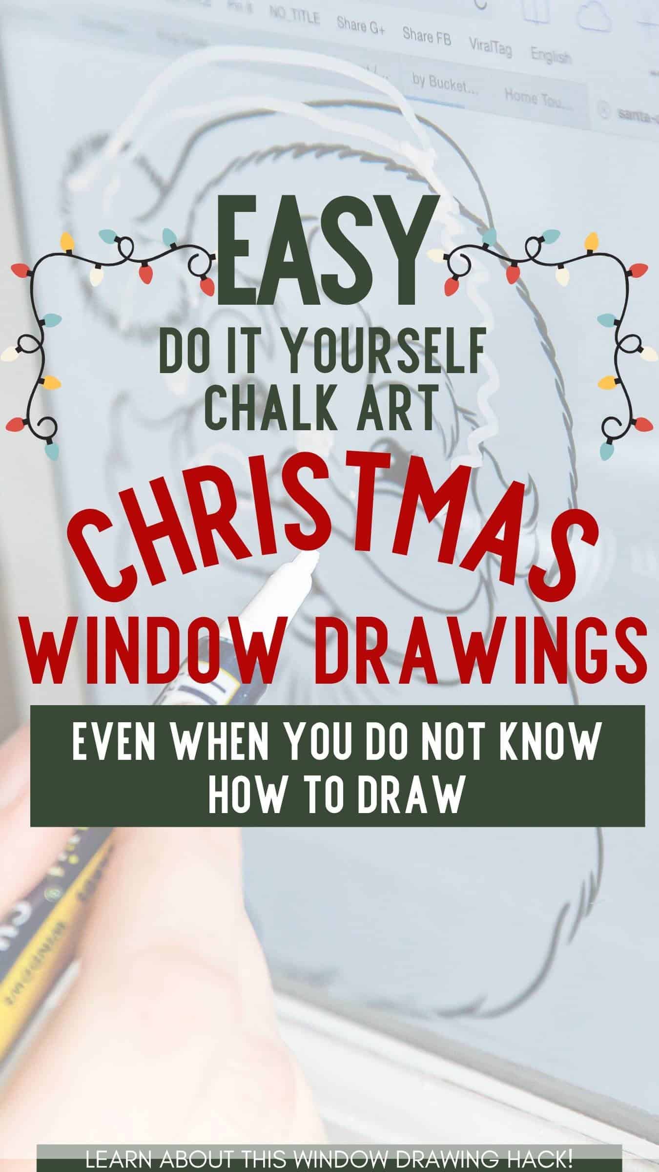 Graphic image of a hand making a window drawing with text overlay: Easy Do It Yourself chalk art. Christmas window drawings.