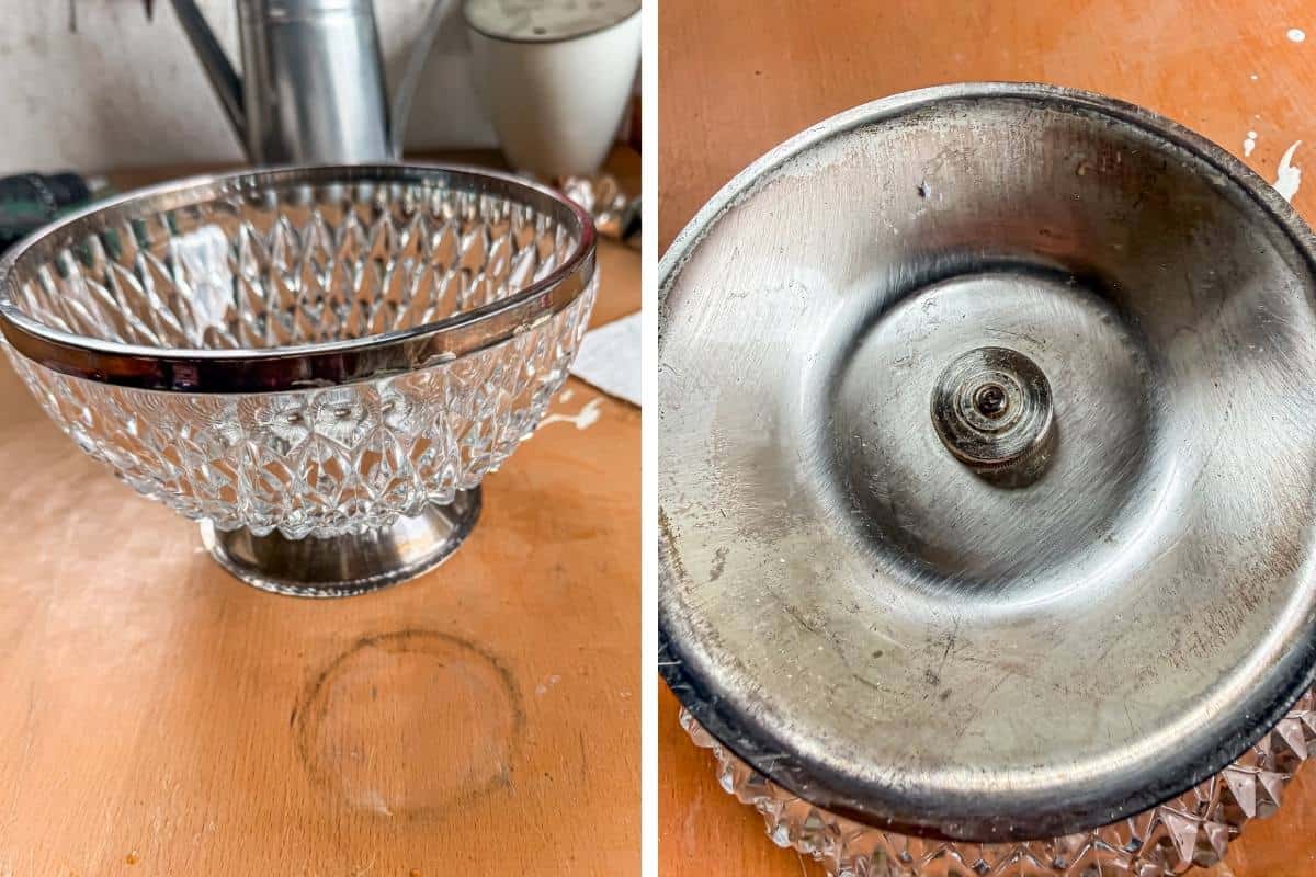 Set of two before images. Left image a crystal bowl with a silver foot standing on a wooden table. Right image the crystal bowl turned over showing a screw and nut and the bottom of the foot.