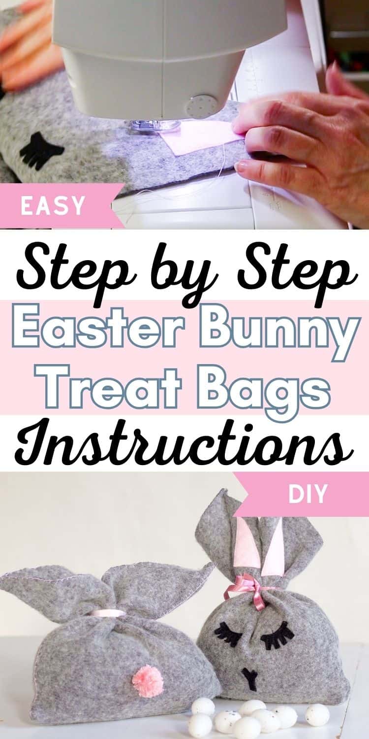 Two images of Easter bunny treat bags made from an old wool sweater. Text overlay: step by step instructions for easy DIY Easter Bunny Treat Bags.