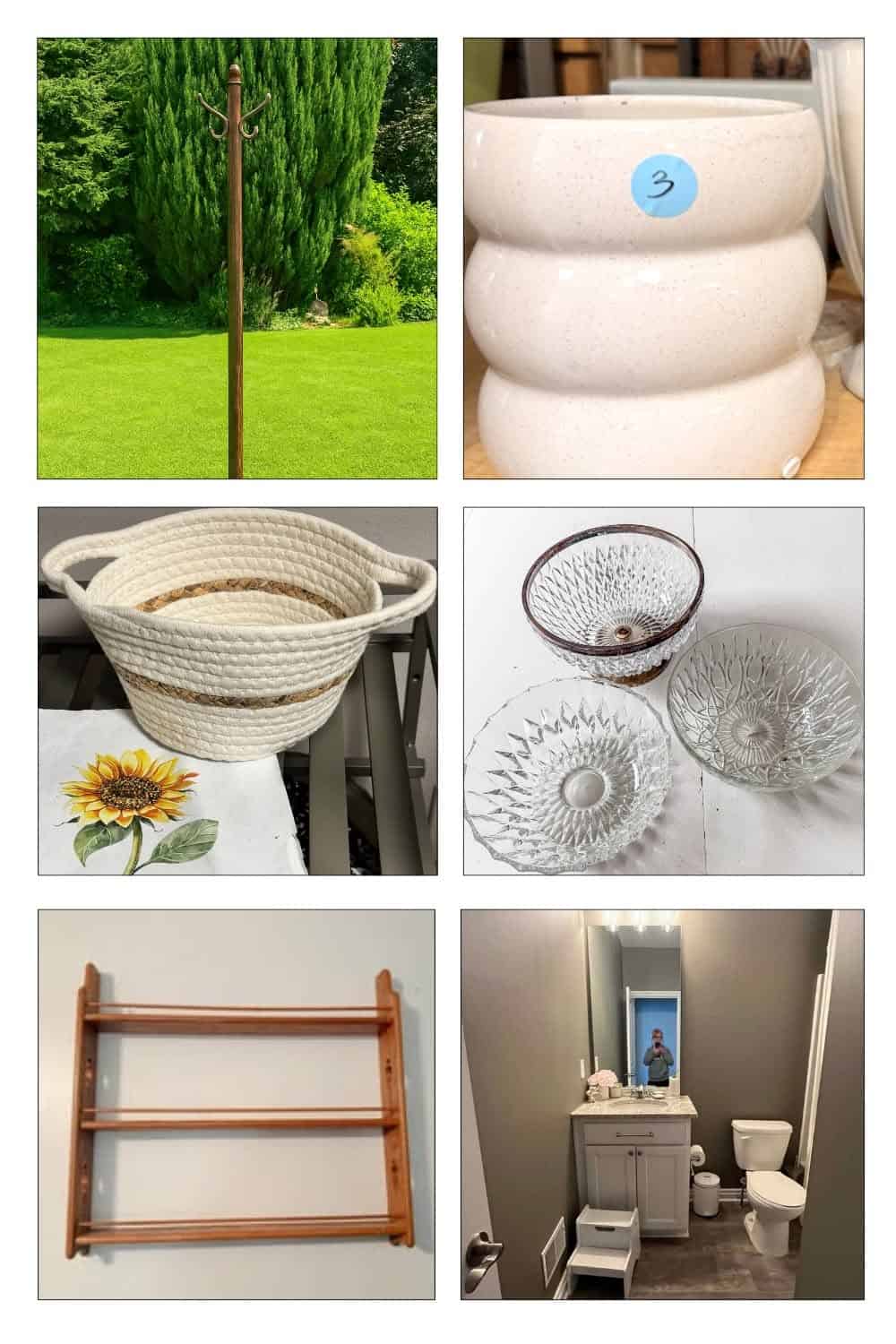 Collage with six thrift store upcycle projects.