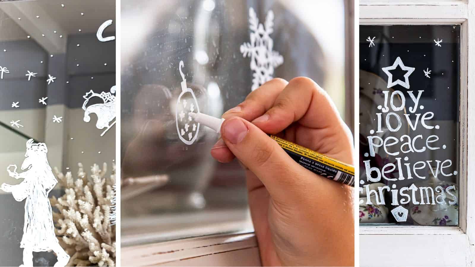Three images of white little Christmas drawings made with a chalk pen on glass windows.