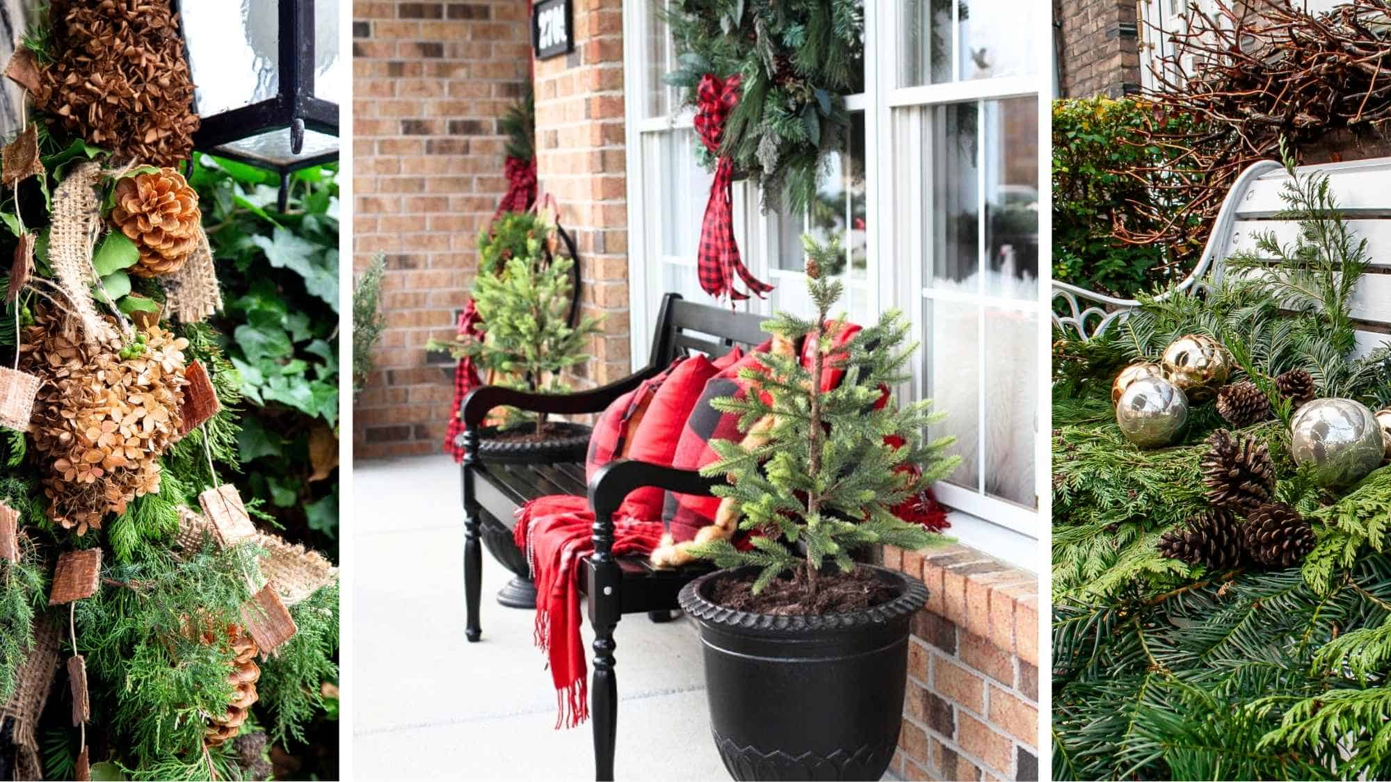 Three images of DIY outdoor decorations for Christmas in a natural and rustic style. Featuring on the left a handmade front door garland, in the middle a decorated porch in black and red, and on the right a white bench decorated with real evergreen branches and silver and gold Christmas ornaments.
