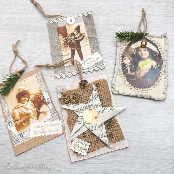 Four different upcycled Christmas ornaments made from vintage Christmas cards and various decorative papers and small decorations.