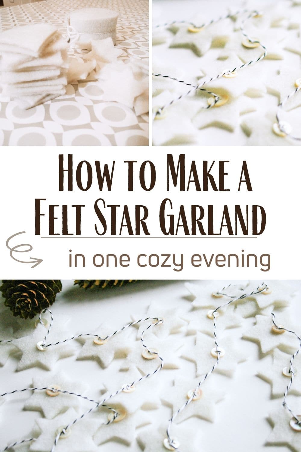 White felt star garland with buttons on table. Text overlay: How to make a felt star garland in one cozy evening.