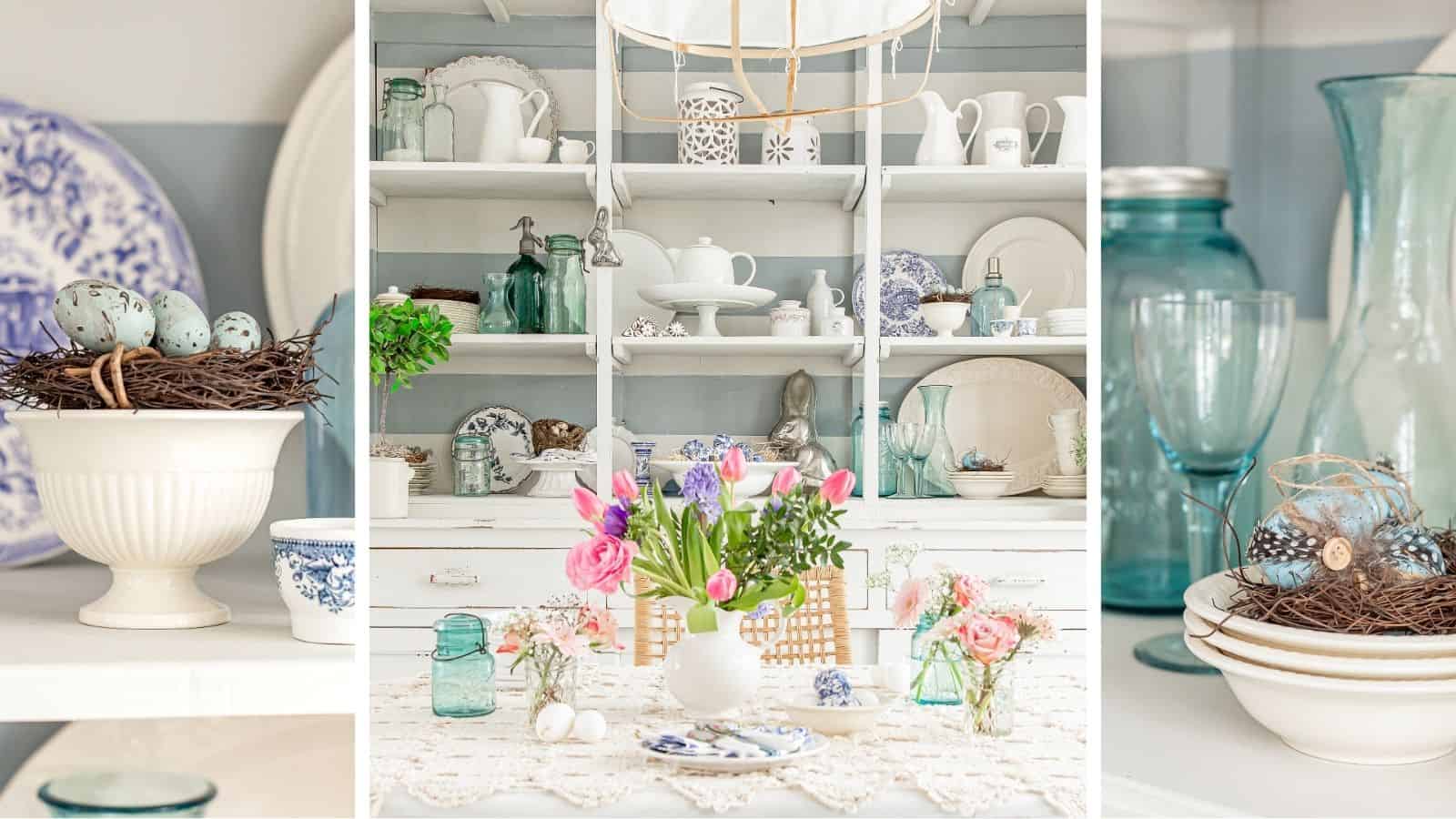 Three images illustrating. how to style a dining hutch for Easter and spring.