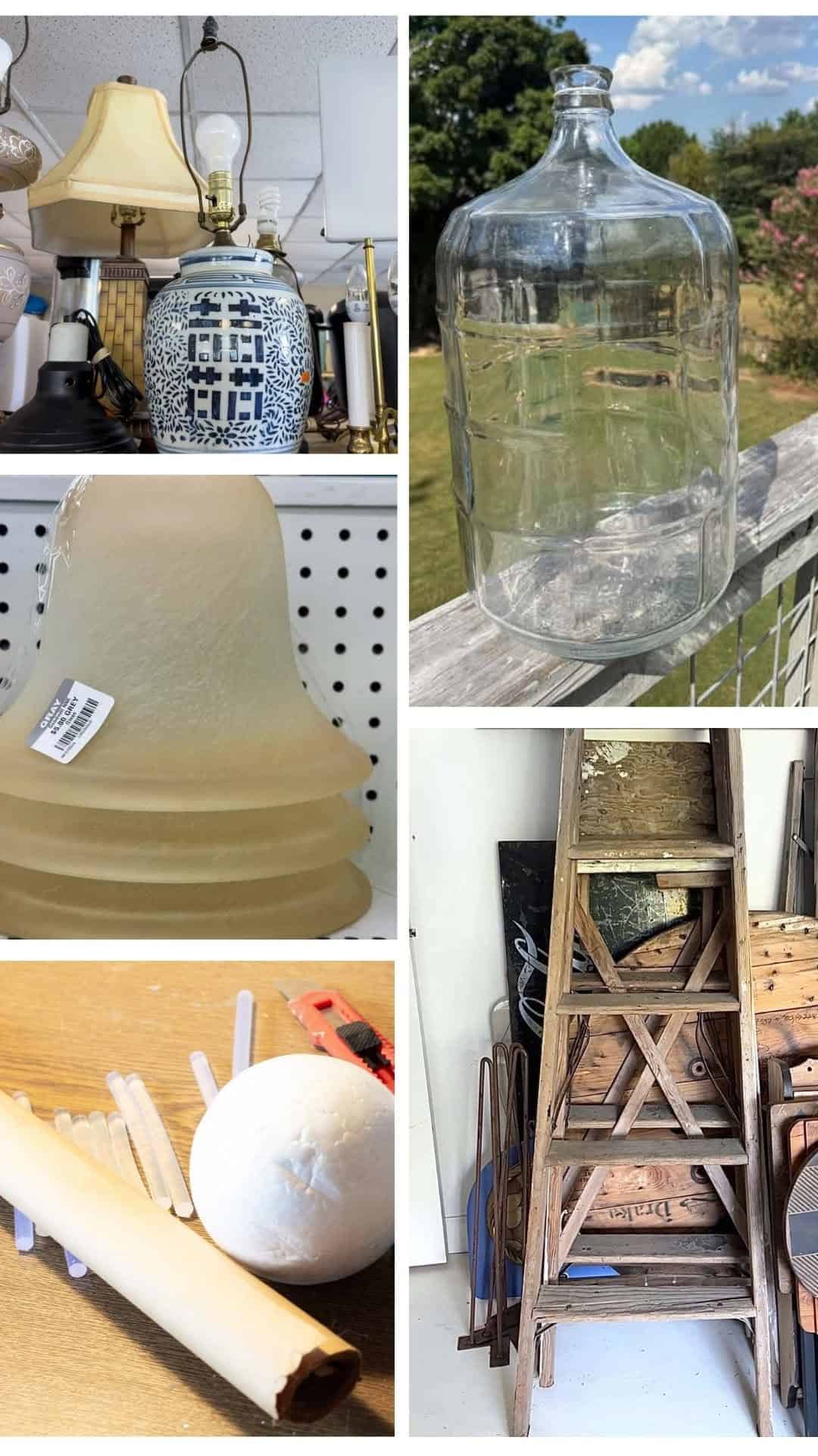 Collage of five before images of thrift store finds that are getting a makeover.