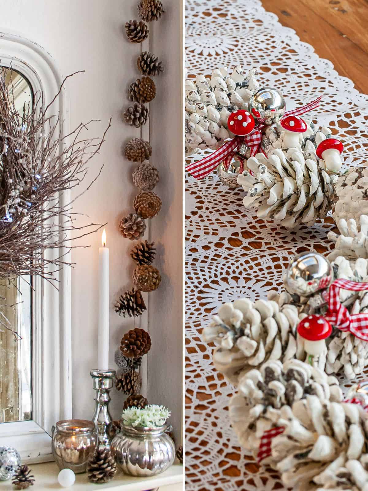 Two versions of a DIY pinecone garland. One natural one hanging on a Christmas mantel and a white painted one draped over a table.
