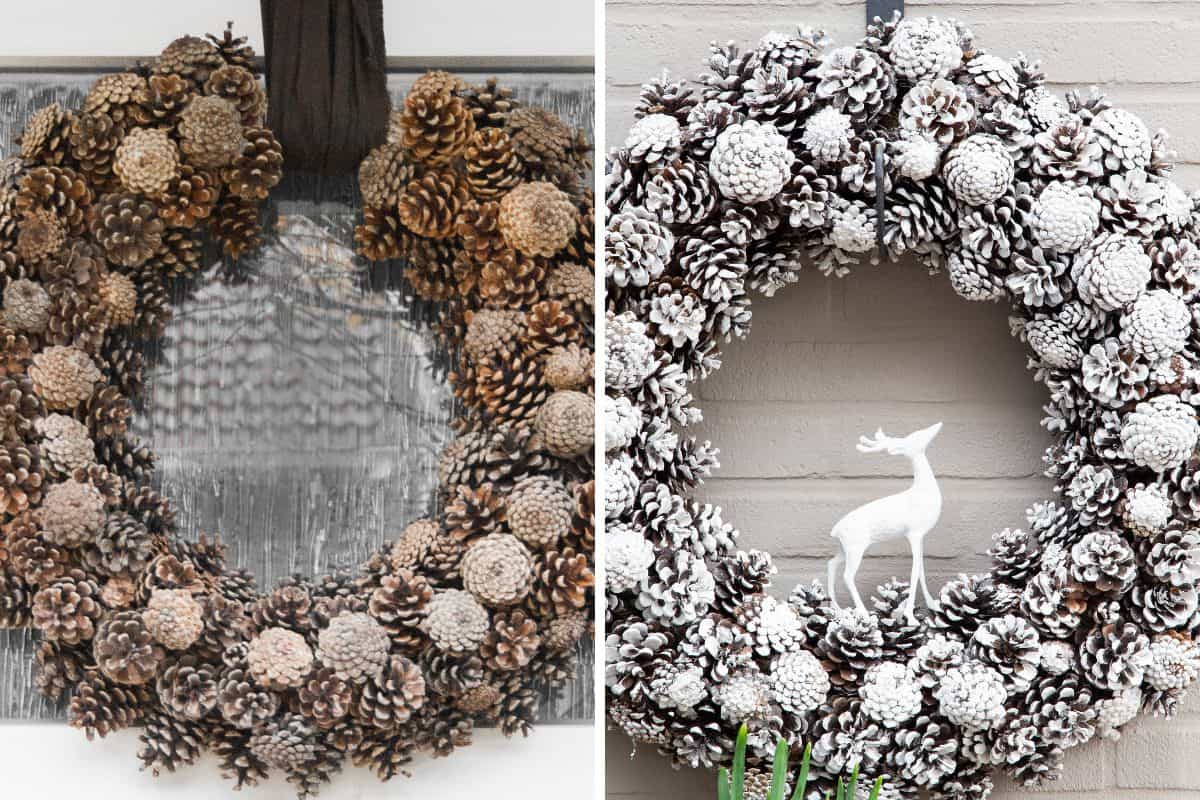 Two versions of a DIY pinecone wreath. One natural in brown, the other with a dusting of white paint.