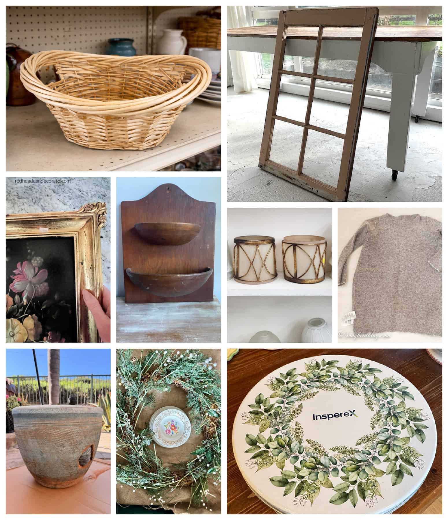 Collage of 9 different DIY decor projects made from thrift store finds or upcycled items.