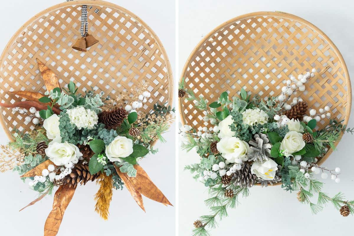 Two versions of a tobacco basket wreath one in fall colors, the other in winter colors.