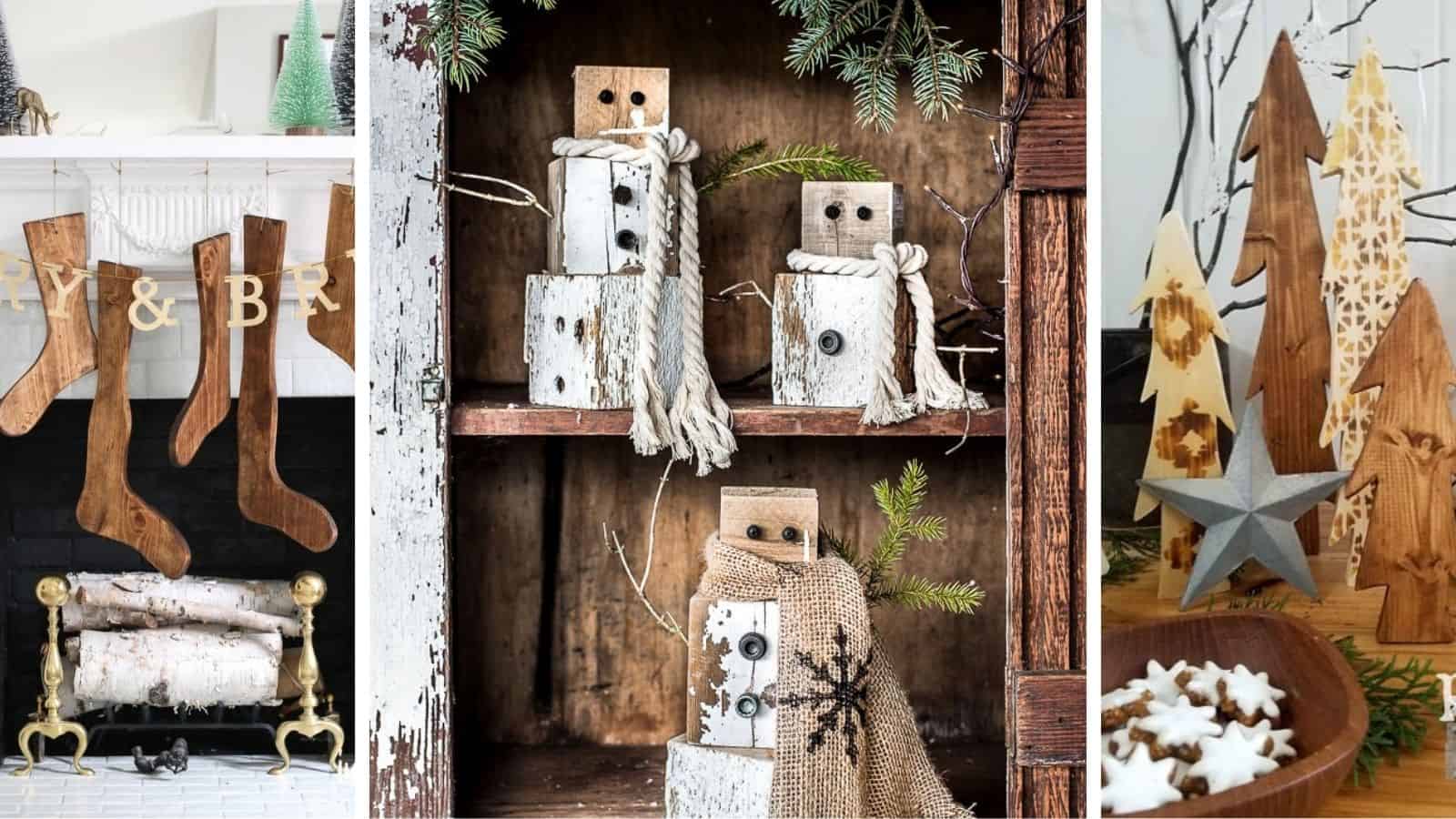 Three examples of Christmas 2x4 wood crafts.