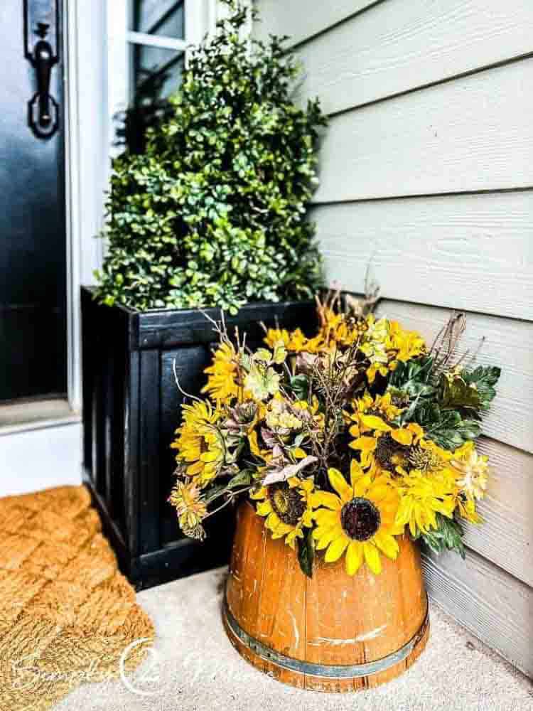 Vintage wooden basket filled with a large bouquet of sunflowers on a fall front porge.