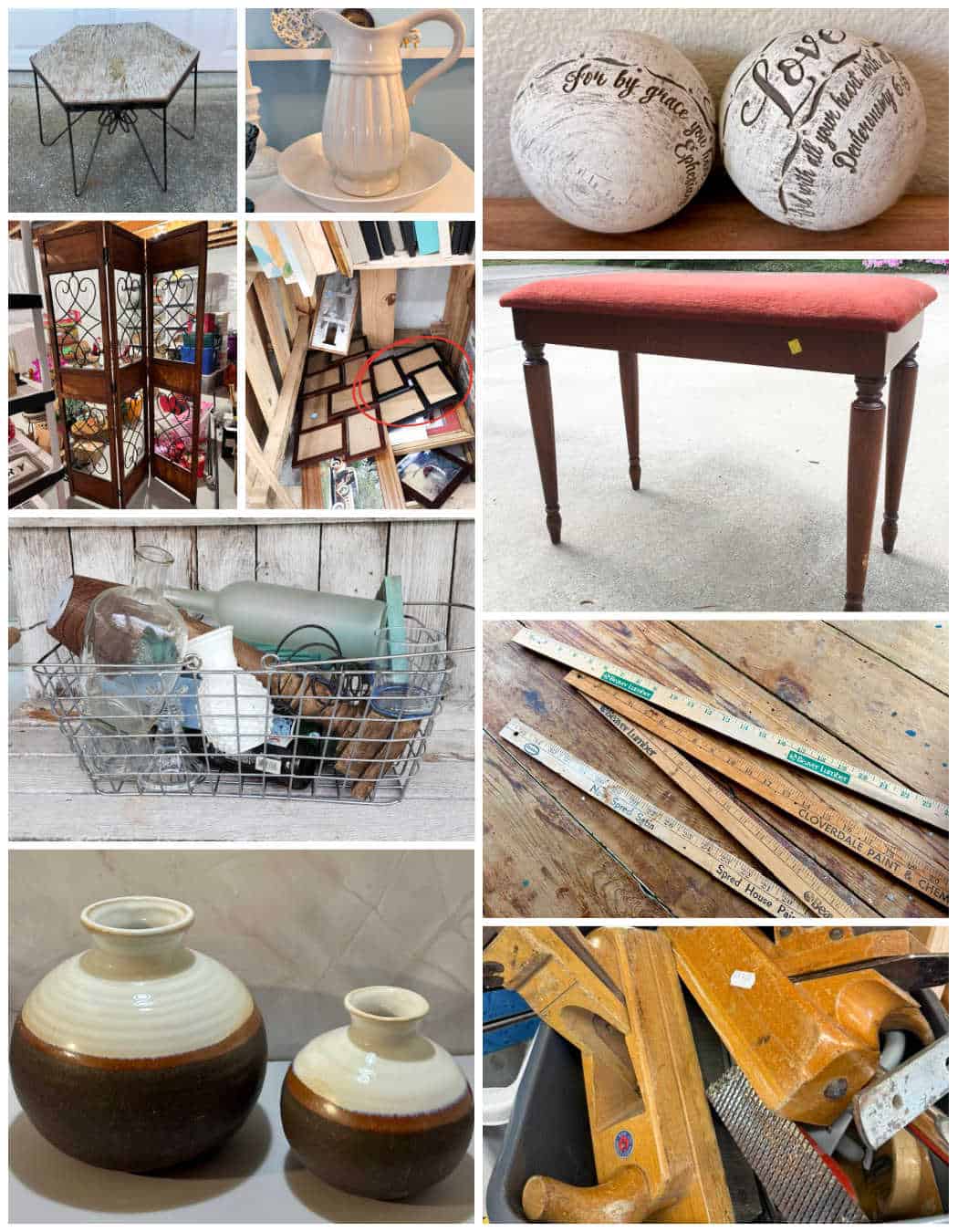 A grid of 10 images of thrift store finds in their 'before' state.