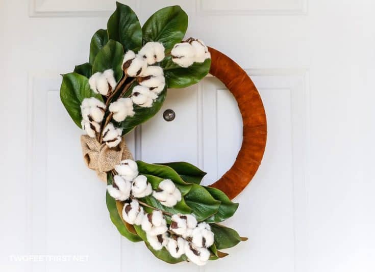 Image for DIY winter wreath with magnolia leaves, cotton, and leather