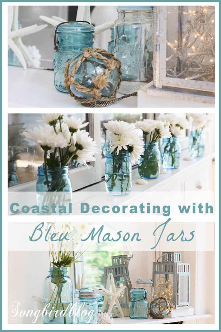 Decorating ideas with blue mason jars and flowers