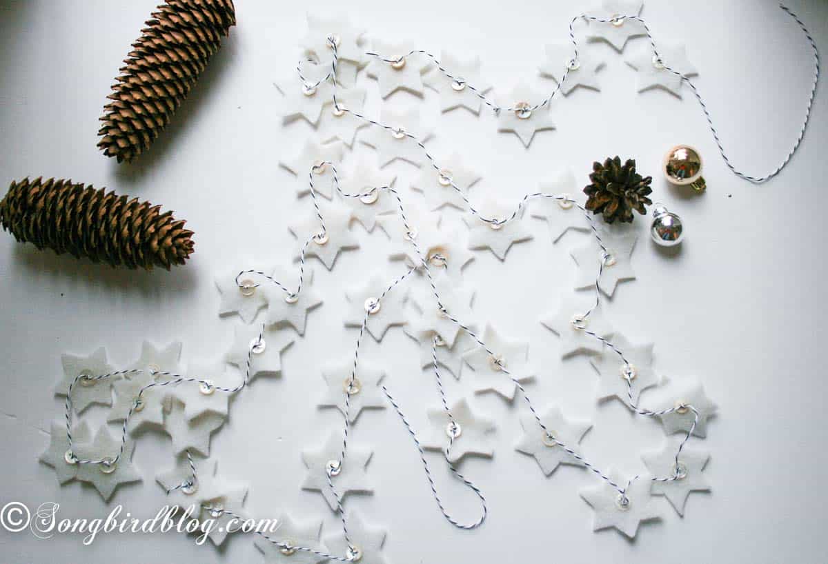 Finished star garland tied with a loop at the end for hanging.