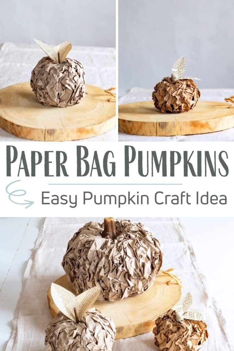 A grid of three images depicting pumpkins made from brown paper bags. With text overlay: Paper bag Pumpkins an Easy Pumpkin Craft Idea.
