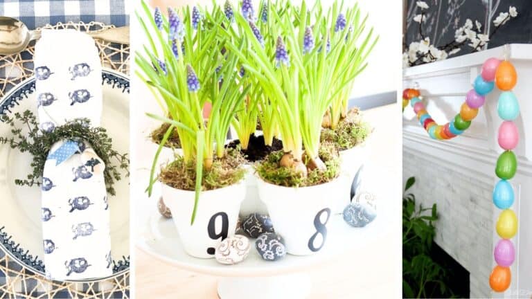 Grid with three images of easy Easter decorating ideas, perfect for last-minute seasonal decor. Left image an Easter place setting with a hand stamped napkin. Middle image an Easter centerpiece with spring bulbs and decorate mini eggs. Right image a Easter mantel decorated with an Easter garland made from colorful Easter eggs.