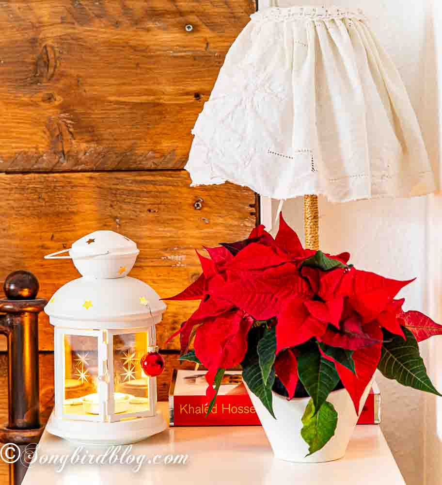 A red poinsettia, a lantern with candle and a side lamp on a nightstand.