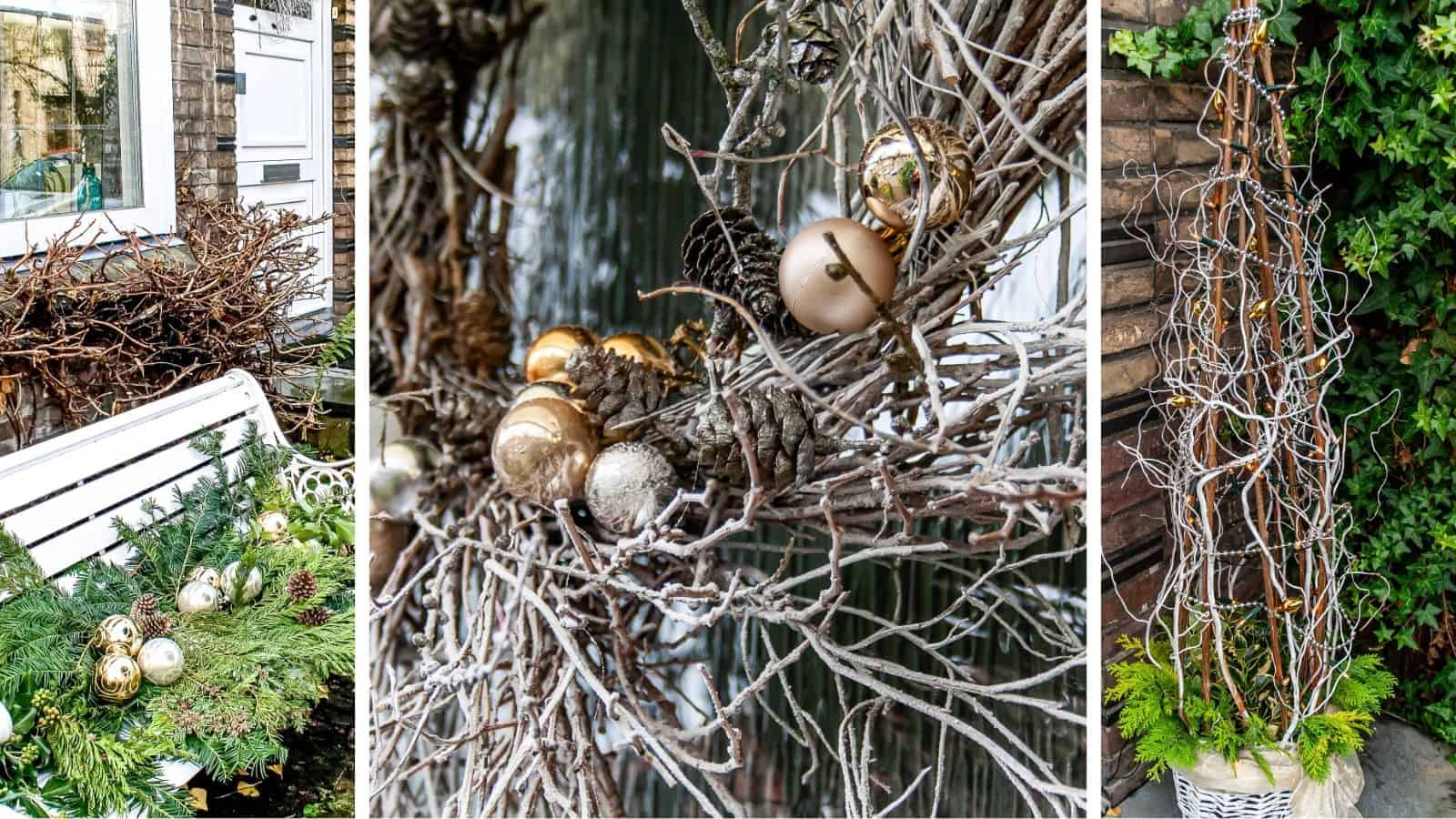 Rustic front porch Christmas decor with a twig wreath, a bench with natural decor and a basket with Christmas lights on twigs.