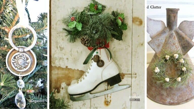 Grid with three images of upcycled Christmas decorations ideas.