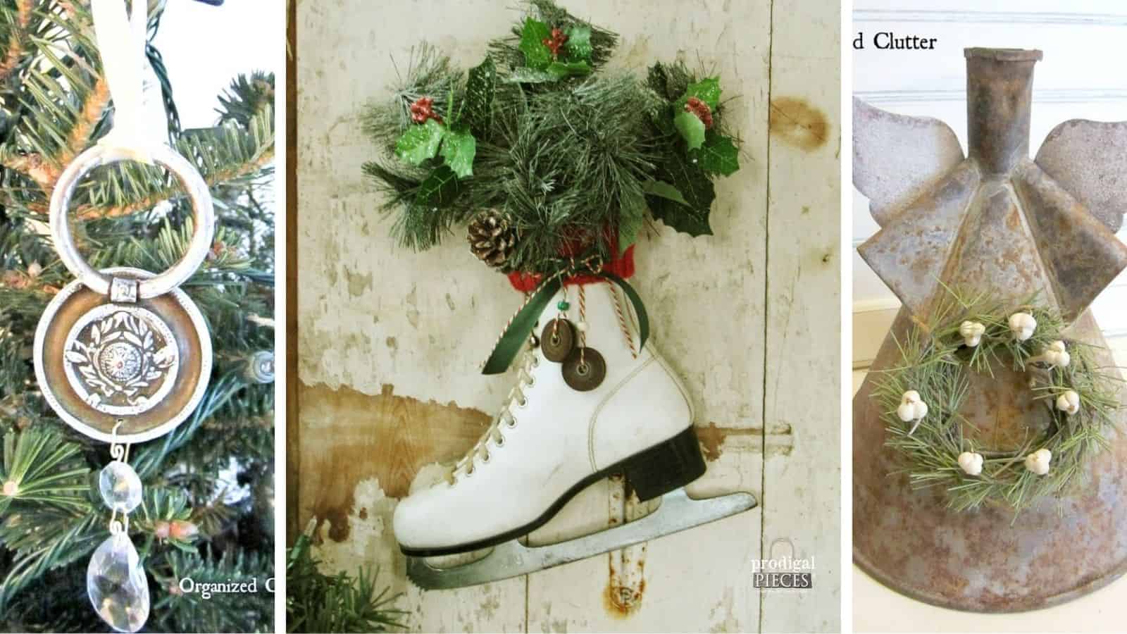 Grid with three images of upcycled Christmas decorations ideas.